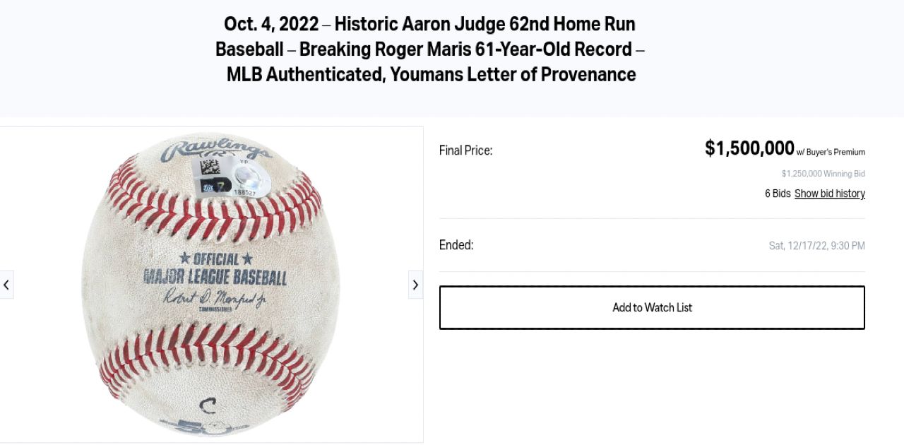Ball From Aaron Judge's 62nd Home Run Sells for $1.5 Million - The New York  Times